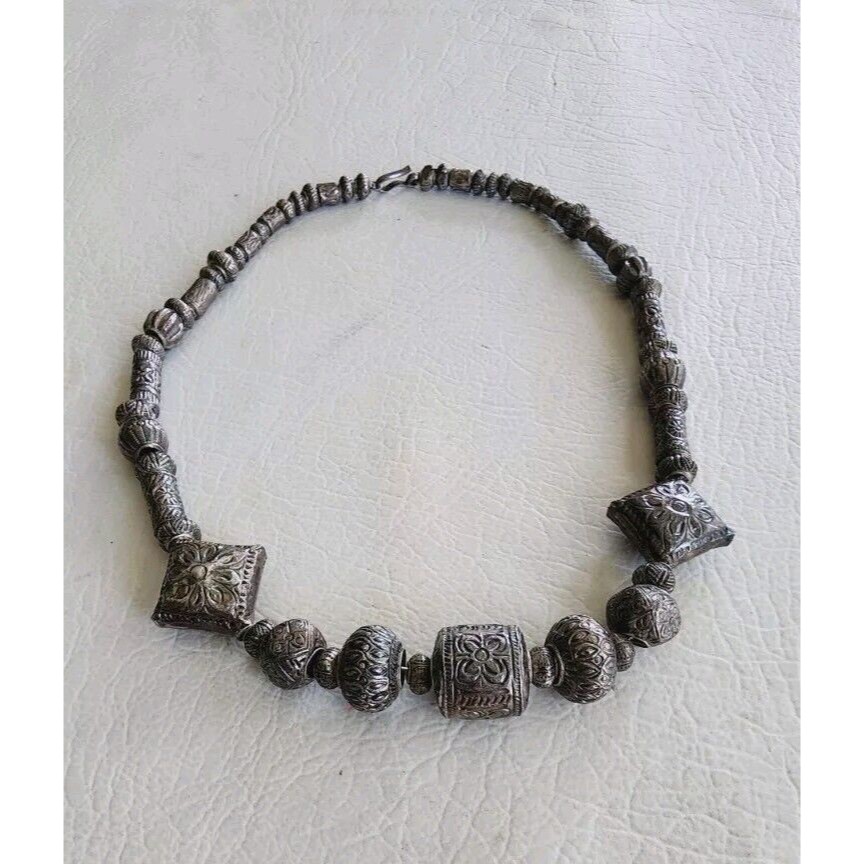 Vintage Thai Tribal Sterling Silver Over Wax Repousse Beaded Necklace 18